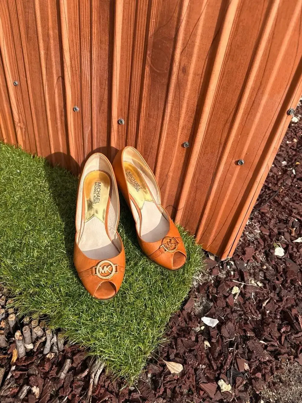 Michael Kors Tan Leather Peep Toe Wedge Heels with Gold MK Logo Accent